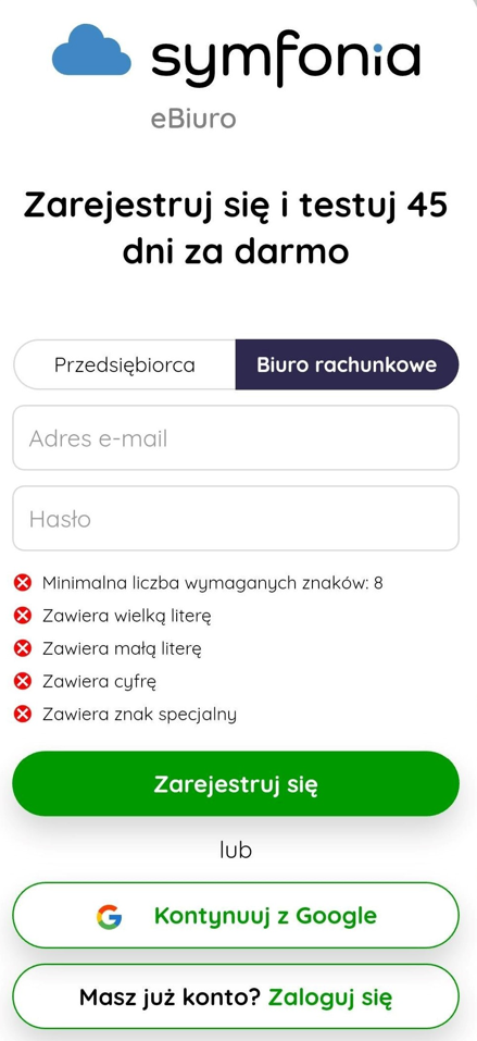 Ekran rejestracji w aplikacji mobilnej