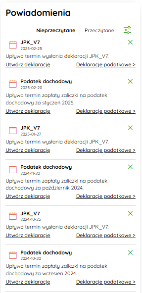 Sekcja z powiadomieniami systemowymi