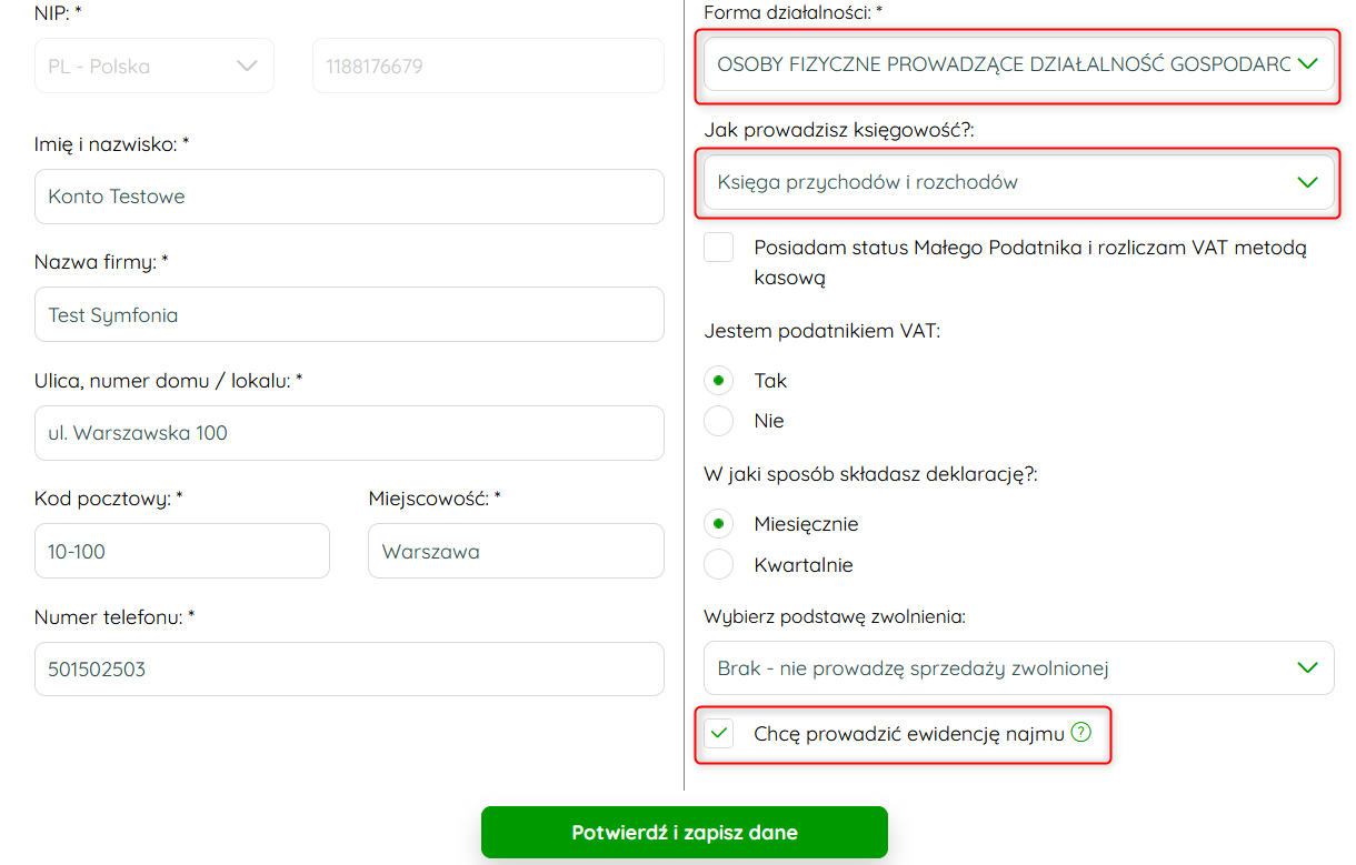 Włączanie najmu prywatnego przy rejestracji konta