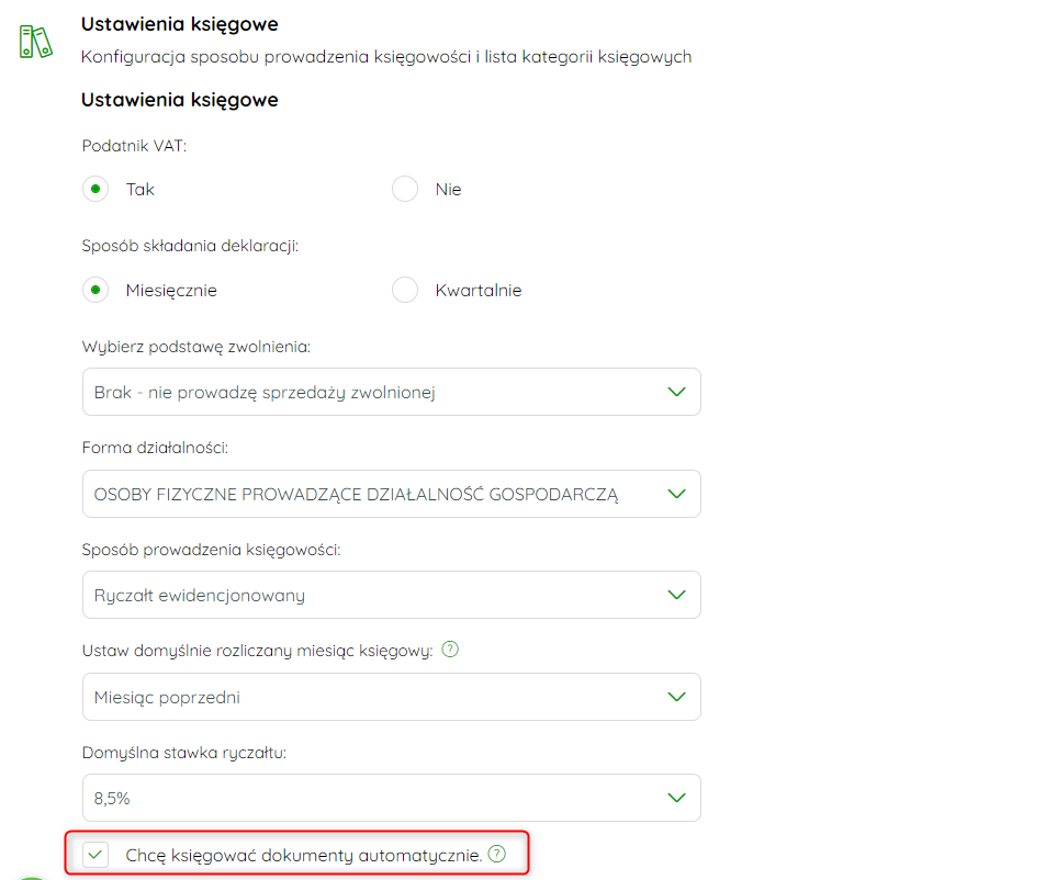 Opcja automatycznego księgowania dokumentów w ustawieniach