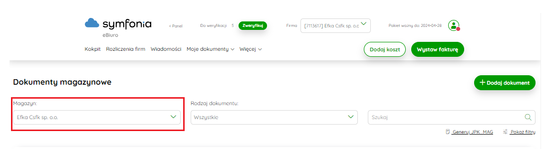 Filtrowanie dokumentów po magazynach