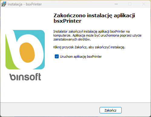 Zakończenie instalacji bsxPrinter