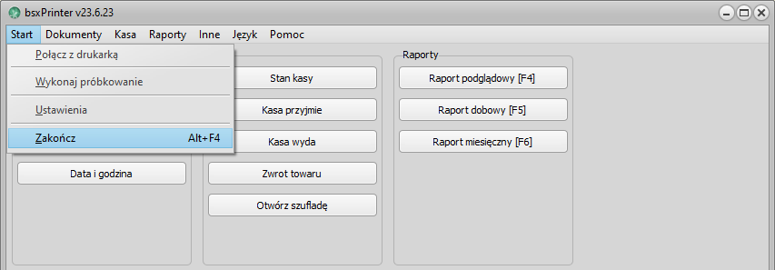 Zamykanie aplikacji bsxPrinter