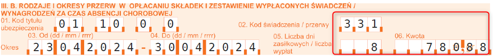 Nieobecność z kodem 331 na deklaracji ZUS RSA