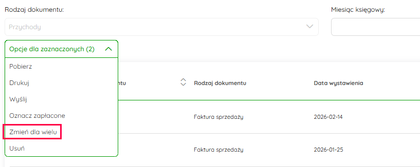 Menu Opcje dla zaznaczonych z pozycją Zmień dla wielu