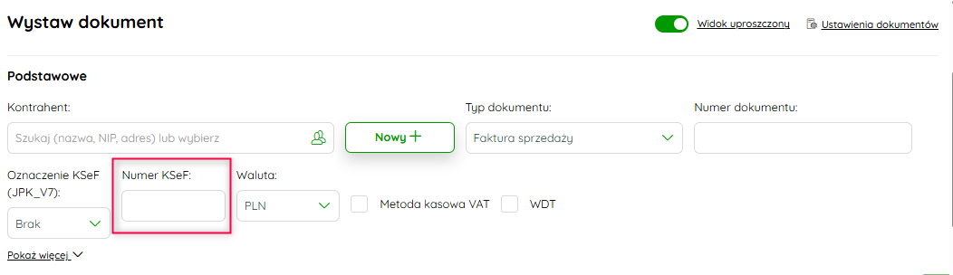 Pole Numer KSeF na uproszczonym formularzu