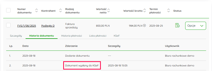 Zakładka Historia dokumentu na liście dokumentów