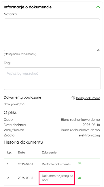 Historia dokumentu w podglądzie faktury