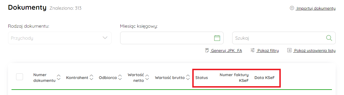 Kolumna Status z ikoną wysyłki do KSeF