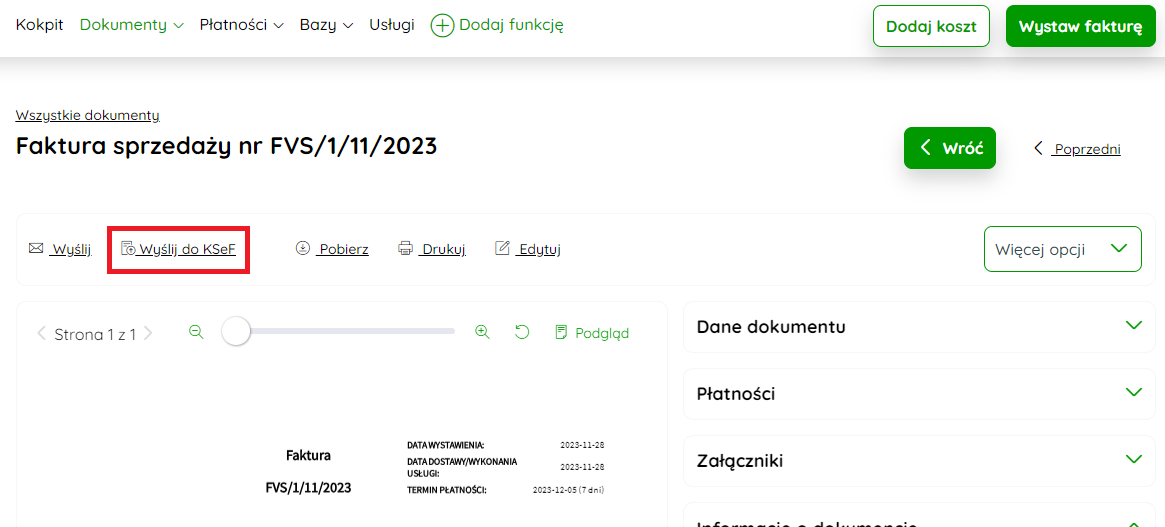 Podgląd dokumentu z przyciskiem Wyślij do KSeF