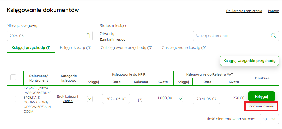 Opcja Zaawansowane pod przyciskiem Księguj