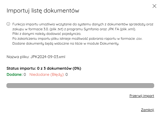 Okno importu z paskiem postępu i liczbą dokumentów