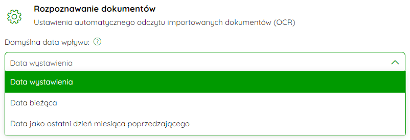 Pole Domyślna data wpływu w ustawieniach OCR