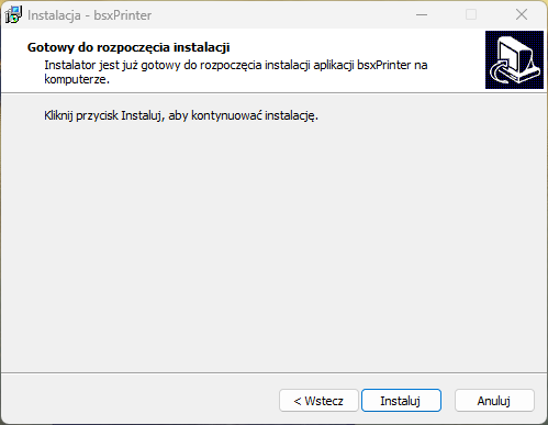 Rozpoczęcie instalacji bsxPrinter