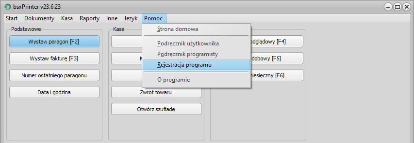 Menu Rejestracja programu w bsxPrinter