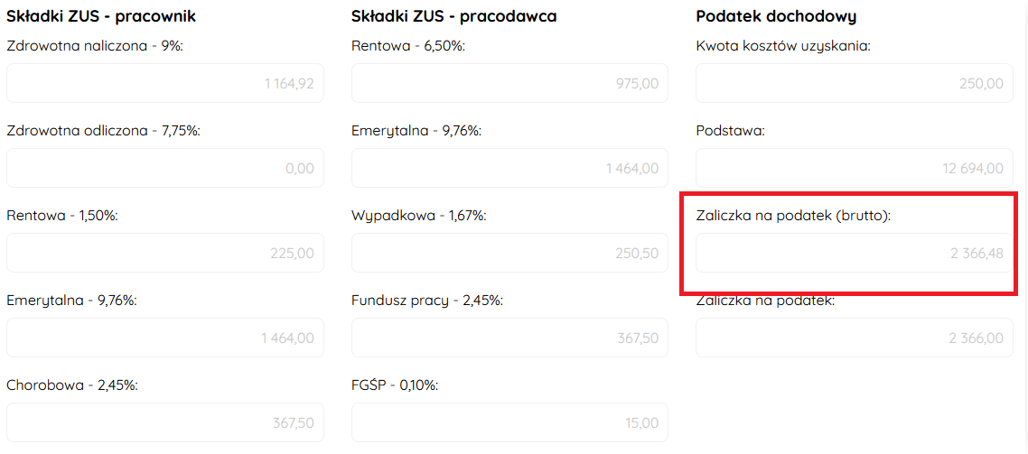 Zaliczka na podatek podczas generowania wypłaty