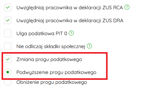 Opcja podwyższenia progu podatkowego w danych rozliczeniowych