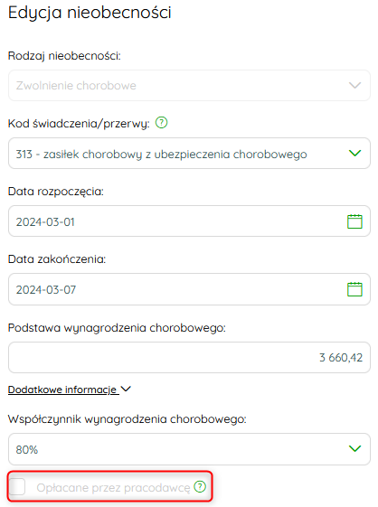 Formularz dodawania nieobecności bez opcji Opłacone przez pracodawcę