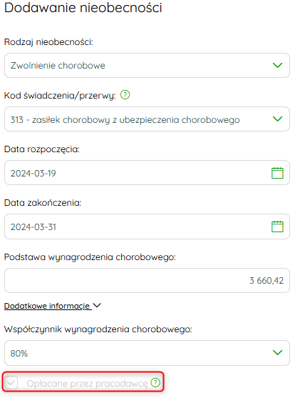 Formularz dodawania nieobecności z opcją Opłacone przez pracodawcę