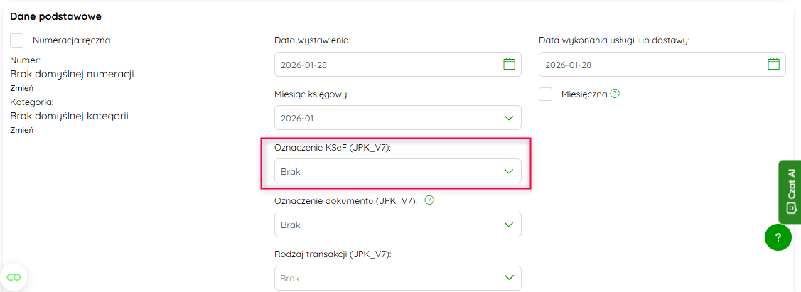Pole Oznaczenie KSeF w sekcji Dane podstawowe