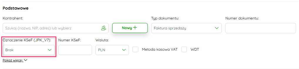 Pole Oznaczenie KSeF na uproszczonym formularzu